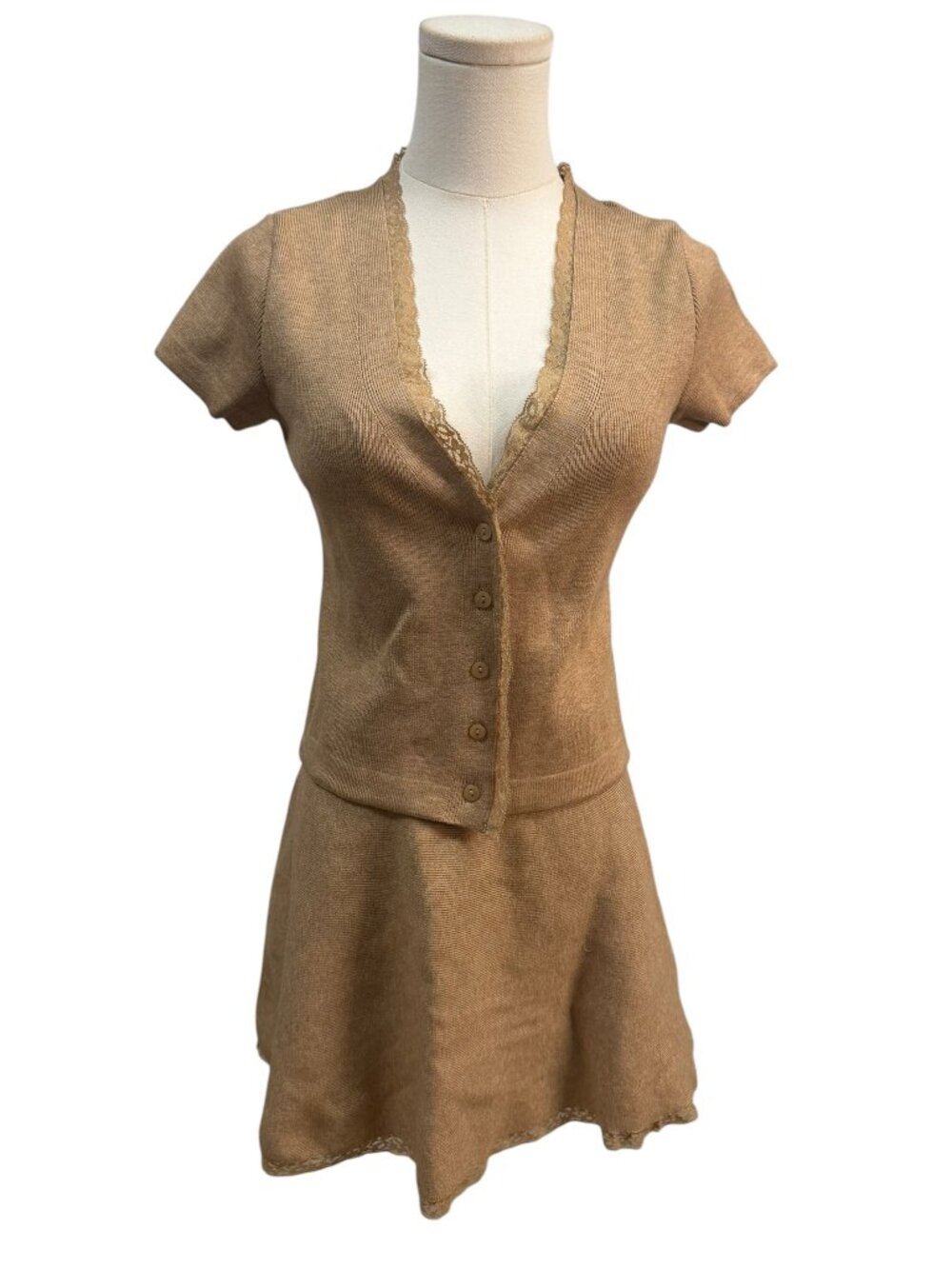 NWT Anthropologie Lace Trim Knit Cardigan & Skirt Set XS Tan